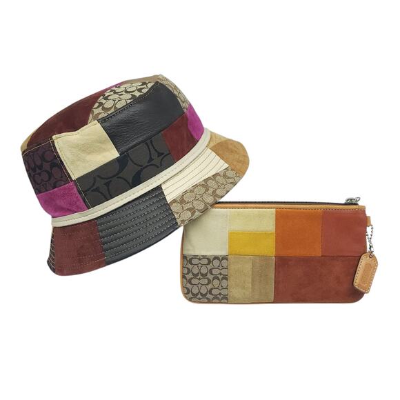 Vintage Y2k Coach Bucket Hat Wristlet Set Patchwork Wallet Purse Leather Suede - Picture 4 of 15